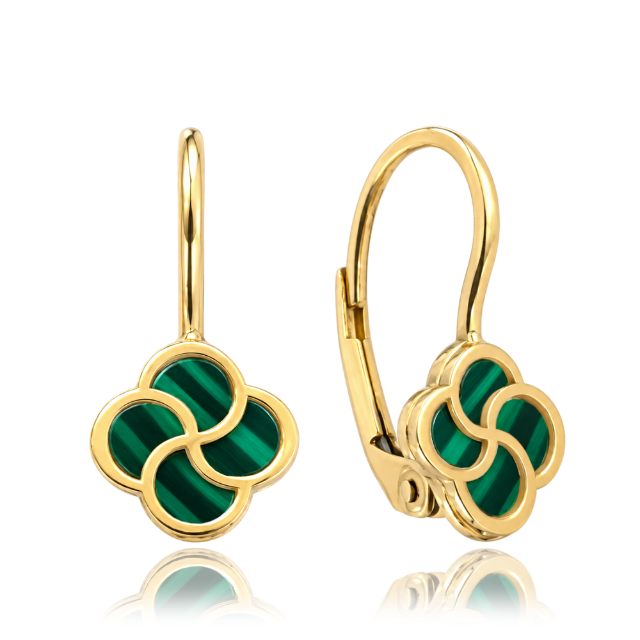 MINET Elegantní zlaté náušnice čtyřlístky s malachitem Au 585/1000 2,30g