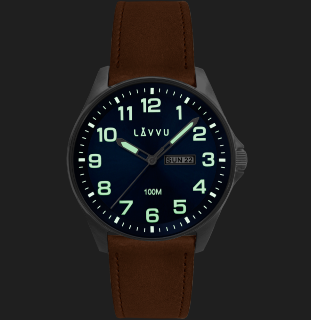 LAVVU Ocelové pánské hodinky BERGEN Blue / Top Grain Leather se svítícími čísly