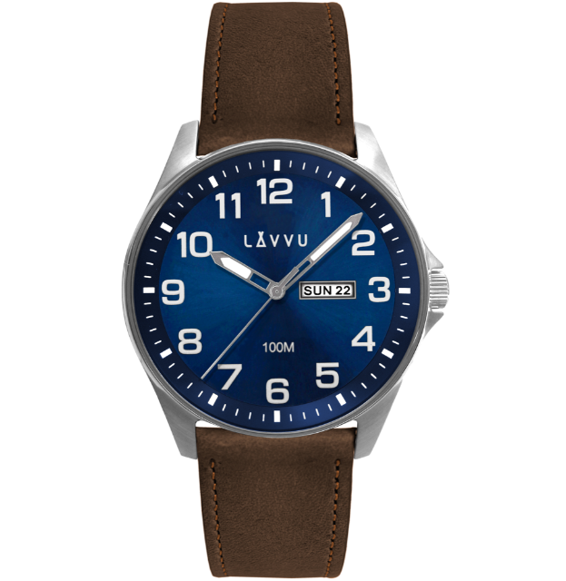 LAVVU Ocelové pánské hodinky BERGEN Blue / Top Grain Leather se svítícími čísly