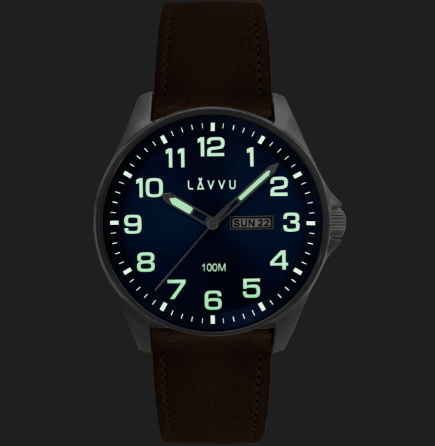 LAVVU Ocelové pánské hodinky BERGEN Blue / Top Grain Leather se svítícími čísly