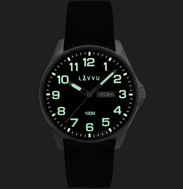 LAVVU Ocelové pánské hodinky BERGEN Black / Top Grain Leather se svítícími čísly